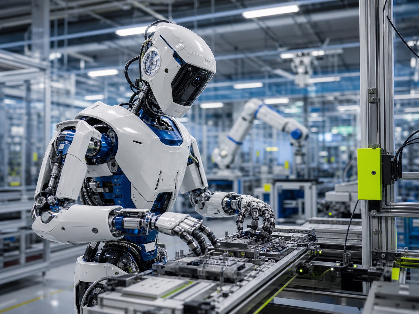 Editorial image of humanoid robots moving through a high-output manufacturing line.