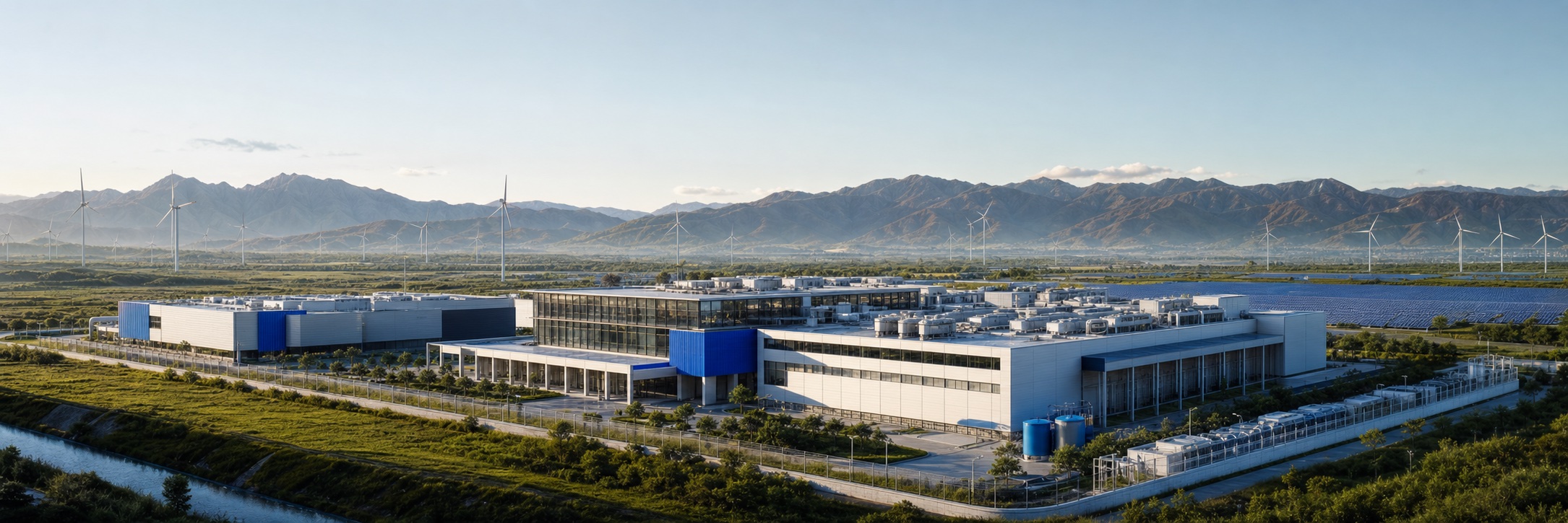 Editorial image of a large AI compute campus integrated with renewable energy infrastructure.